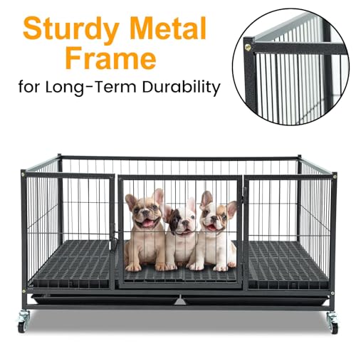 Homey Pet 43'' Whelping Box for Dogs and Puppies, Taller Heavy Duty Dog Whelping Box Puppy Playpen with 4 Wheels, Front Door, Top Open, Stackable Metal Dog Crate Cage Kennel Indoor