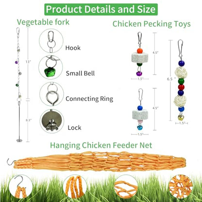 12 Pack Chicken Toys for Hens,Net Mirror Bell Xylophone String Vegetable Fruits Skewer Hanging Ladder Swings Coop Accessories for Hens Bird Parrot