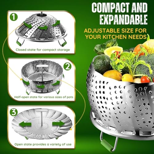 Flexzion Vegetable Steamer Basket for Pot - Stainless Steel Steaming Basket for Veggie, Fish, Meats, Eggs - Extendable Expandable Foldable Steam Basket w/Handle for Various Pot Size, 7 to 11 Inch