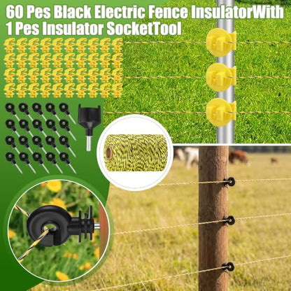 MorningRo Electric Wire Fence Kit, 25 Mile 110vac 1 J Plug in Fence Charger with 656 ft Polywire, 40 T Post Insulators, 20 Screw in Insulators for Pasture Farm Horse Cattle Poultry Fencing - size: 656FT, style: 1J