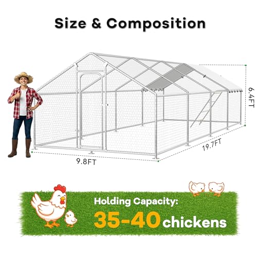 Large Metal Chicken Coop with Roosting Perch, Waterproof and UV Protection Cover, Chicken Run Outdoor Walk-in Cage Chicken Rabbit Duck Hen House for Yard Farm Use Spire Roof (10’ W x 26.2’ L x 6.4’ H) - size: 315.0"L x 118.0"W x 78.0"H