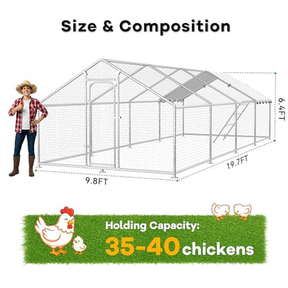 Large Metal Chicken Coop with Roosting Perch, Waterproof and UV Protection Cover, Chicken Run Outdoor Walk-in Cage Chicken Rabbit Duck Hen House for Yard Farm Use Spire Roof (10’ W x 26.2’ L x 6.4’ H) - size: 315.0"L x 118.0"W x 78.0"H