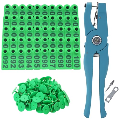 Sheep Ear Tags Numbered 001-100 Plastic Livestock Ear Tags with Applicator Pliers for Goat Sheep Pig Dog Deer Farm,100PCS (Green) - color: Green