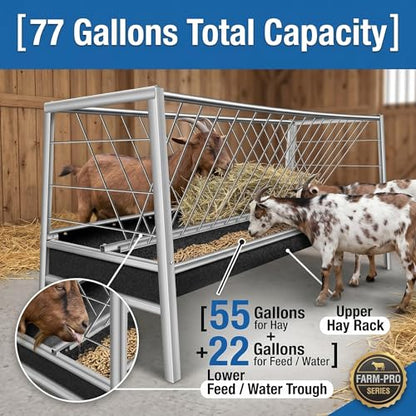 77 Gallon Hay Feeder, Stainless Steel Goat Feeder for Goats Sheep Calves and Horses, Anti-Waste Goat Feeder with Rubber Trough Livestock Feeder