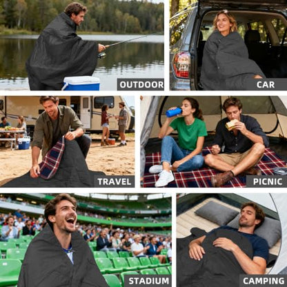 Large Outdoor Waterproof Blanket Extra Thick Fleece Stadium Blanket for Camping, Car, Pet, Picnics - Windproof, Wearable, Machine Washable 80" x 58" (Red Check) - color: Red Check