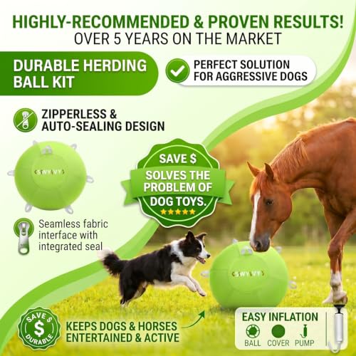25Inch Herding Ball with Straps and Heavy Duty Cover, Green Dog Toy Ball for Large Breeds, German Shepherd, Pitbull, Horse Toys, Giant Play Ball for Aggressive Chewers