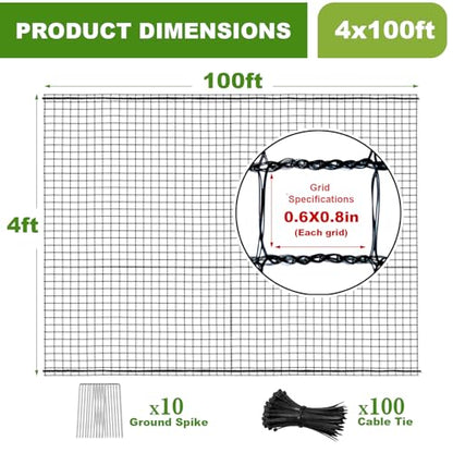 Deer Fence Netting, 4x100ft Heavy Duty Plastic Mesh Deer Fencing, 55GSM Garden Fence Animal Barrier, Bird Netting for Garden Protection, Reinforced Edge Temporary Fence for Tree Vegetable Raised Bed - size: 4x100FT