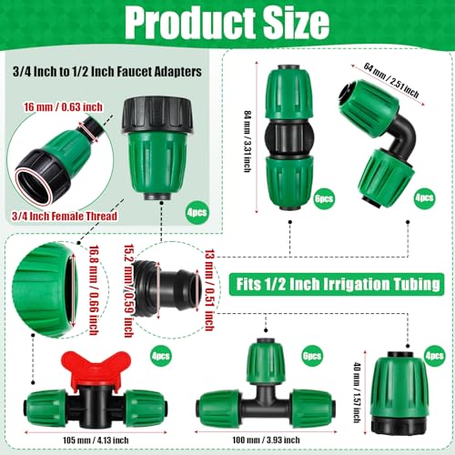 28 Pcs 1/2 Inch Drip Irrigation Fittings Kits,Drip Hose Connector for 1/2" Irrigation Tubing(1/2" ID x0.6-0.63"OD) with 6 Tees,6 Couplings,4 Switch Valves,4 End Cap, 4 Elbows,4 Faucet Adapter - size: 28 PCS 1/2 Fitting