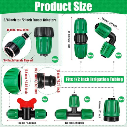 28 Pcs 1/2 Inch Drip Irrigation Fittings Kits,Drip Hose Connector for 1/2" Irrigation Tubing(1/2" ID x0.6-0.63"OD) with 6 Tees,6 Couplings,4 Switch Valves,4 End Cap, 4 Elbows,4 Faucet Adapter - size: 28 PCS 1/2 Fitting