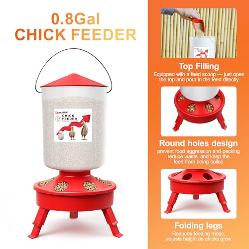 2-in-1 Chick Starter Set: 0.8 Gal Top Filling Feeder and 0.4 Gal Waterer with Adjustable Legs for Baby Chicks, Includes Scoop, Hanging Hooks, Anti-Drown Design (Red) - size: 0.8 Gal Feeder & 0.4 Gal Waterer