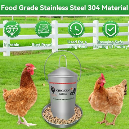 8.8 Lb Stainless Steel Poultry Feeder, Automatic Chicken Feeder No Waste, Hanging Chicken Feeder Heavy Duty Reliable Long-Lasting with Handle, Top Filled - size: 4KG/8.8 LB