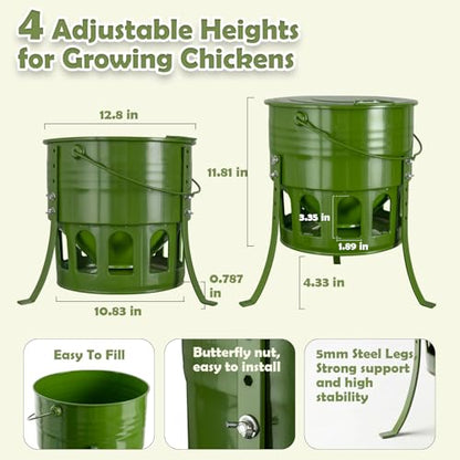 Metal Chicken Feeder No Waste - 20LB Large Chicken Feeder with 12 Ports & 4 Adjustable Heights Tripod Stand, Automatic Hanging Poultry Feeder, Rainproof for Backyard Chickens & Small Flocks - color: green