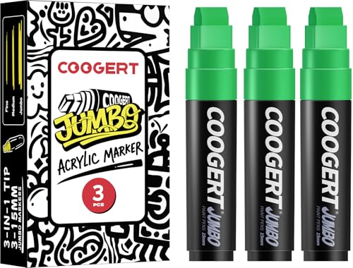 Coogert 3Pcs Green Jumbo Poster Markers, 15MM Thick Permanent Acrylic Graffiti Markers, Wide Tip Paint Marker for Canvas, Posters Board, Fabric, Window, Glass, Wood, Teachers,Banner painting supplies - color: Green