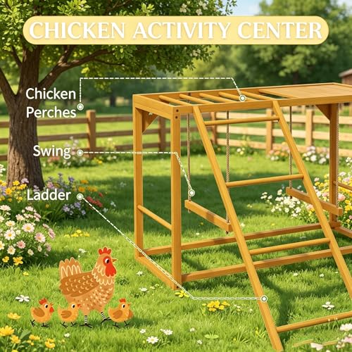 Wooden Chicken Activity Center with Ladder, Swings, and Perches, Fir Wood, 39.25" x 43.25" x 27.5", Yellow