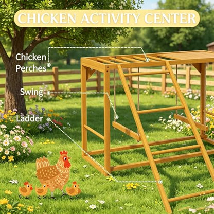 Wooden Chicken Activity Center with Ladder, Swings, and Perches, Fir Wood, 39.25" x 43.25" x 27.5", Yellow