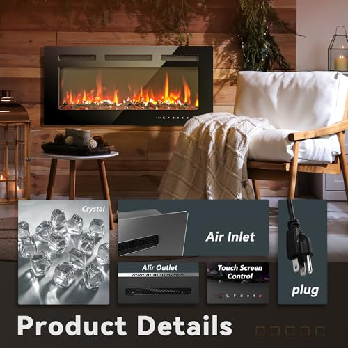 EUHOMY 36 Inch Electric Fireplace Wall Recessed and Wall Mounted with Adjustable Flame Color, Fireplace Heater with Remote Control, Linear Fireplace with Timer, Touch Screen, Log & Crystal, 750/1500W - size: 36 Inch