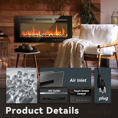 EUHOMY 36 Inch Electric Fireplace Wall Recessed and Wall Mounted with Adjustable Flame Color, Fireplace Heater with Remote Control, Linear Fireplace with Timer, Touch Screen, Log & Crystal, 750/1500W - size: 36 Inch
