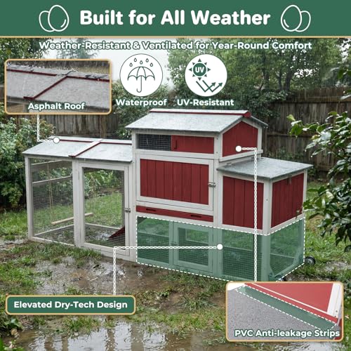 Chicken Coop with Run, Mobile Chicken Tractor Hen House Weatherproof with Wheels, Nesting Box, Roosting Bars, Pull-Out Tray, Asphalt Waterproof Roof & Fun Swing for Chickens Quails Small Animals - color: Red