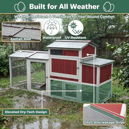 Large Chicken Coop with Run for 6-12 Chickens, Mobile Outdoor Hen House Chicken Tractor with Wheels, Wooden Poultry Cage Full Asphalt Roof, Nesting Box, Pull-Out Tray & Fun Swing 165.4" L - color: Red