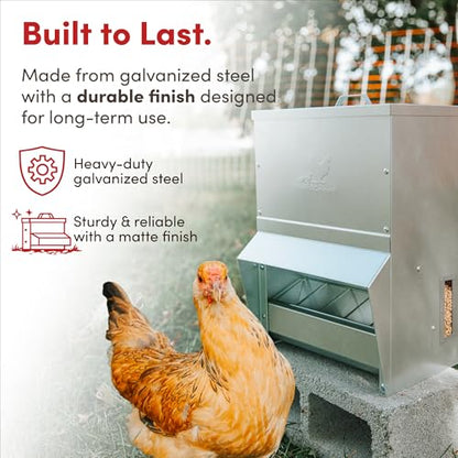 RentACoop Metal Trough Feeder with Lid & Rain Cover – Galvanized Steel, Gravity-Fed, Side View Window, Adjustable Grate for Easy Cleaning – Suitable for Chickens, Ducks, Poultry & More – 25lb Capacity - size: 25LB Capacity