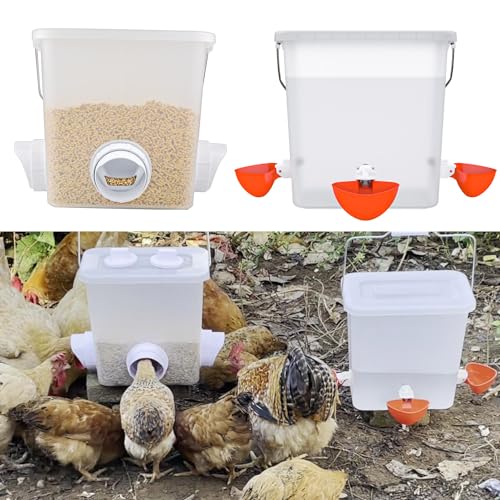 Large Automatic Chicken Feeder and Waterer Set Hanging Chicken Water Feeder Poultry Feed Bucket - color: Frosted, size: 2.6 Gal Feeder & Waterer