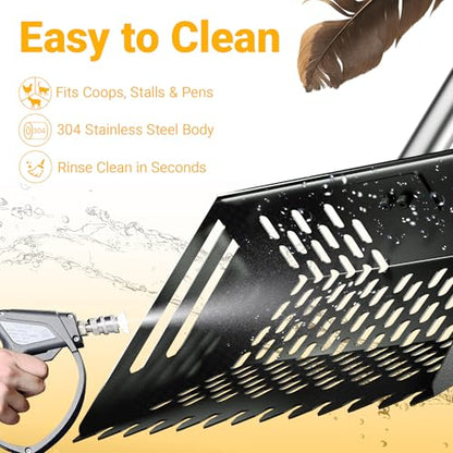 Pugala 5-in-1 Large Chicken Poop Scooper & Rake – 24" to 68" Long Adjustable Stainless Steel Handle, 10" Wide Metal Sifting Shovel Head – Heavy Duty Chicken Coop Cleaning Tool for Litter & Sand,Black