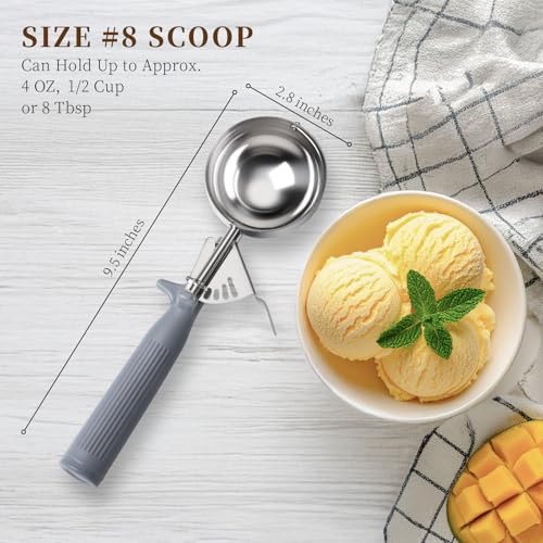 HOMURE H 4 oz Scoop, Large Ice Cream Scoop with Trigger, #8 Disher, Muffin Scoop, Portion Scoop, Cookie Scoop for Baking, Grey Handle, for Making Ice Cream Cookie Muffin Cupcake Mashed Potato - size: #8 (4 oz)