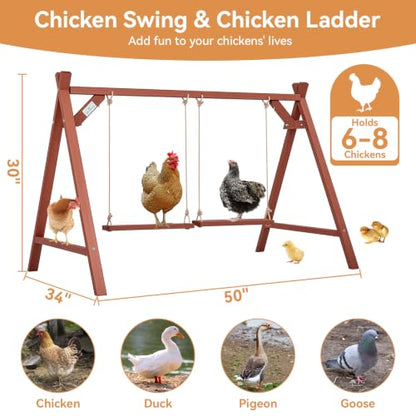 PETSFIT Wooden Solid Chicken Perch & Roosting Bars with 2 Swings, 50"x30"x34" Coop Toy for 6–8 Hens, Multi-Level Stand Encourages Exercise & Natural Behavior, Easy to Assemble & Clean,Outdoor Use - size: 50"L x 30"W x 34"H