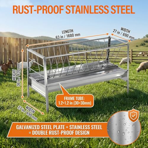 98 Gallon Goat Hay Feeder, Stainless Steel Hay Feeder, 3-in-1 Water, Grain& Feed Trough with 63" Long Hay Rack for Farm, Cow/Horse/Goat Feeders
