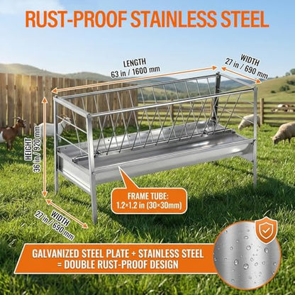 98 Gallon Goat Hay Feeder, Stainless Steel Hay Feeder, 3-in-1 Water, Grain& Feed Trough with 63" Long Hay Rack for Farm, Cow/Horse/Goat Feeders