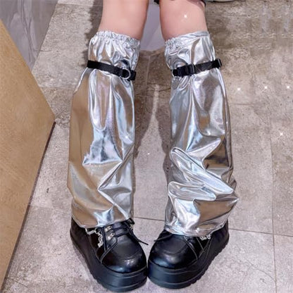 Women Metallic Silver Flared Leg Warmer Aesthetic Fashion Punk Buckled Garters Strap Baggy Leg Socks