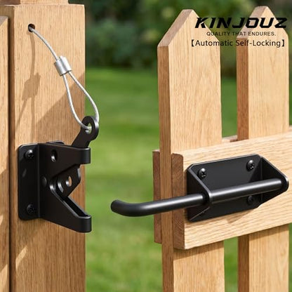 Heavy Duty Gate Latch for Wooden Fence, Automatic Self Locking Gravity Door Latch for Wood/Metal Gate with Cable Pull, 7-1/2" Gate Hardware Latch for Pool & Dog Door, Shed Garden, Black