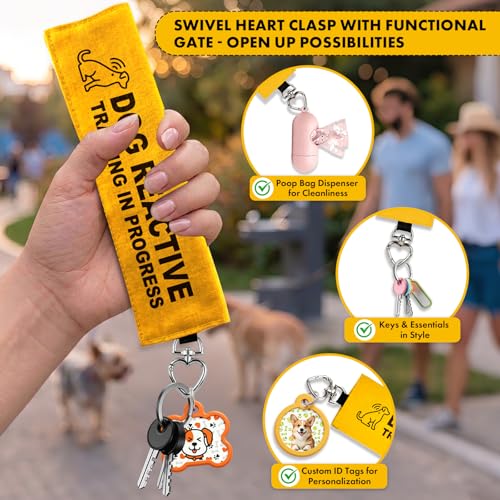 Dog Reactive Leash Wrap, Training in Progress Yellow Warning Sleeve with Heart Snap Hook, Highly Visible Lead Cover for Nervous & Anxious Pets, Durable Double-Sided Canvas - color: Dog Reactive