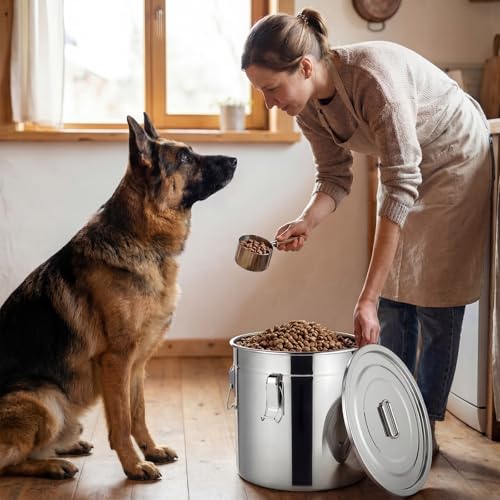 Lounsweer 2 Pack 5.5 Gal Stainless Steel Dog Food Storage Container with Lid and Locking Clamp 21 L Metal Airtight Container Large Stainless Steel Bucket with Food Scoop for Pet Feed - size: 21 L