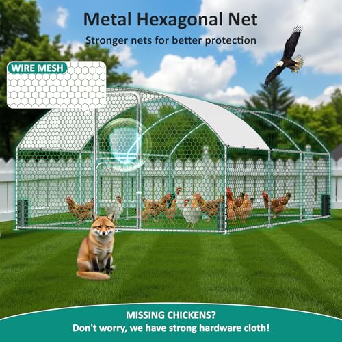 Large Metal Chicken Coop, Walk-in Chicken Run with Feeding Door, Security Lock and Cover, Outdoor Duck/Rabbit Cage Poultry Pen for Backyard, Farm, Yard (Silver - Dome Roof, 19.7 x 9.8 x 6.6 FT) - size: 236.0"L x 118.1"W x 78.7"H