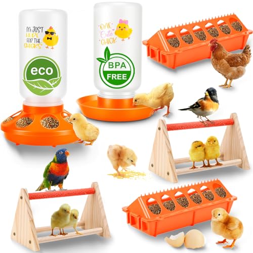 Chicken Feeder and Waterer Set,Automatic 1L Chick Feeder and Waterer with 2 Wooden Perch,Baby Chicks Supplies for Ducks,Quail,Small Poultry Coop Accessories