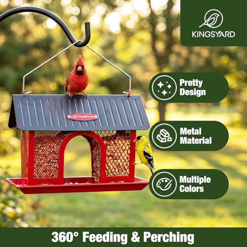 Kingsyard Bird Feeder for Outdoors Hanging, Dual-Use Metal Mesh Wild Bird Feeders with Seed Tray & Weatherproof Roof, 3 lbs Large Capacity, Red - color: Red