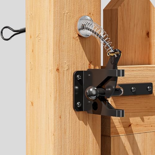 skysen Self Locking Fence Gate Latch Carbon Steel Black/Lock Post Mount with Stainless Steel Spring Cable Pull(JLXSDS-1)
