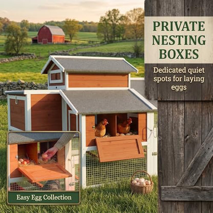 PawHut 79" L Chicken Coop for 6 Chickens Outdoor Wooden Hen House Poultry Cage with Run, 2 Nesting Boxes, Slide-Out Tray, Sliding Rod Door, Roosting Bar, Waterproof Asphalt Roof, Orange