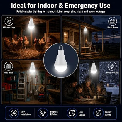 Solar Light Bulbs for Indoor Home and Chicken Coop, Outdoor Waterproof Camping Lamps for Tent, Rechargeable LED Solar Lights for Shed Night, Emergency, 2-Pack - style: Manual ON / OFF