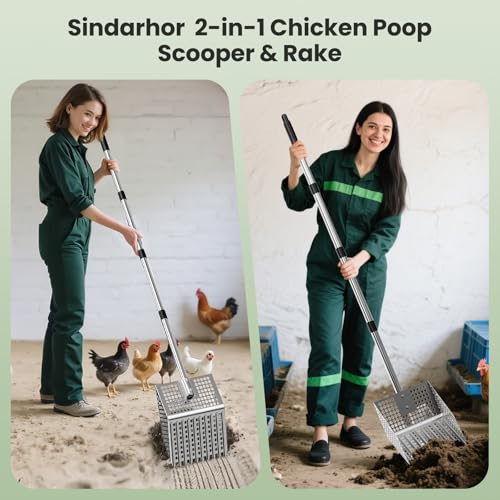Stainless Steel Chicken Poop Scooper & Rake - Heavy-Duty 2-in-1 Sand Sifter Shovel with Long Handle Adjustable Length for Coops & Small Farms