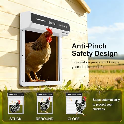 Automatic Chicken Coop Door Solar, Battery Powered & Weatherproof Aluminum, Timer Modes for Safe and Convenient Chicken, Easy Install, Reliable All-Season Performance (White)
