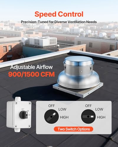 VEVOR Roof Exhaust Fan, 900CFM & 1500CFM Adjustable Speed Control Attic Vent Fan with High-Power Motor, 21inch Fan Base Heavy-Duty Aluminum Alloy, Compact for Garage,Kitchen,Bathroom,Silver - size: 900CFM & 1500CFM