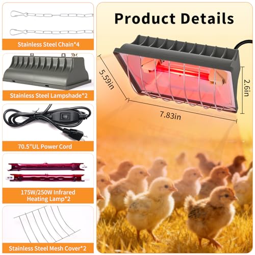 2 Pack 250W Chicken Coop Heat Lamp with Guard, Adjustable Temperature Brooder Heater, 175W/250W Infrared Heating Lamp for Chicks, Ducklings, Poultry, Livestock & Small Pets - size: 2 Pack