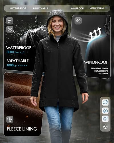 Outdoor Ventures Women's Softshell Jacket with Removable Hood Fleece Lined Windbreaker Insulated Long Warm Rain Jacket - color: Black, size: Small