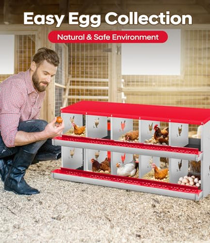 Garvee Chicken Nesting Box, 10 Compartment Metal Nesting Box,Wall Mount Chicken Nesting Boxes for Laying Eggs,Easy Egg Collection,10 Room Nest Boxes for Chickens - size: Red 10 Compartment