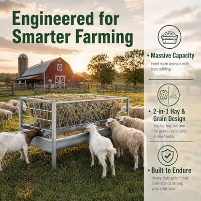 98 Gallon Heavy Duty Livestock Feeder, Hay and Grain Feeder for Goats Sheep Calves, Galvanized Steel Feeder with 68-Gallon Hay Rack and 30-Gallon Trough