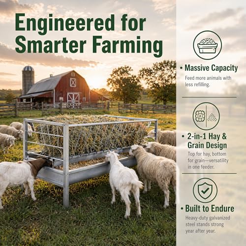 98 Gallon Heavy Duty Livestock Feeder, Hay and Grain Feeder for Goats Sheep Calves, Large Capacity Goat Trough with 25-Goat Capacity Feeder