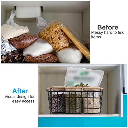 Black 2PCS Wire Storage Baskets with Wooden Handles - Organizing Pantry and Kitchen Cabinets - Metal Wire Food Storage Basket - color: Black 2PCS