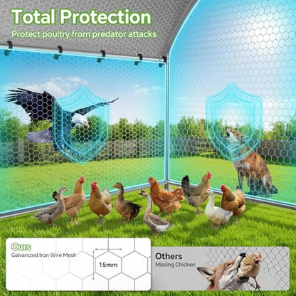Large Metal Chicken Coop with Waterproof and UV Protection Cover, Chicken Run Outdoor Walk-in Cage Chicken Rabbit Duck Hen House for Yard Farm Use-Dome Roof-Roosting Perch(19.7’ L x 9.8’ W x 6.4’ H) - size: 256.0"L x 120.0"W x 78.0"H